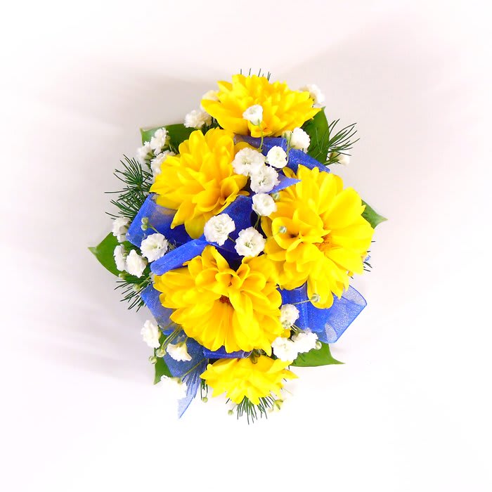 Mini Sunflower & Blue Wrist Corsage