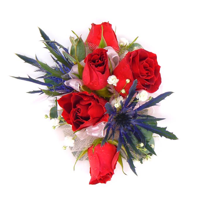 Five Red Rose Wrist Corsage-Navy Accents Flower Bouquet