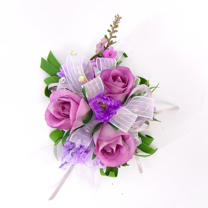 Wrist Corsage-Lavender Sweetheart Roses & Blooms-Bling-Ribbon Flower Bouquet