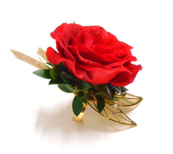 Red Rose Ring Corsage-Black & Gold Accents Flower Bouquet