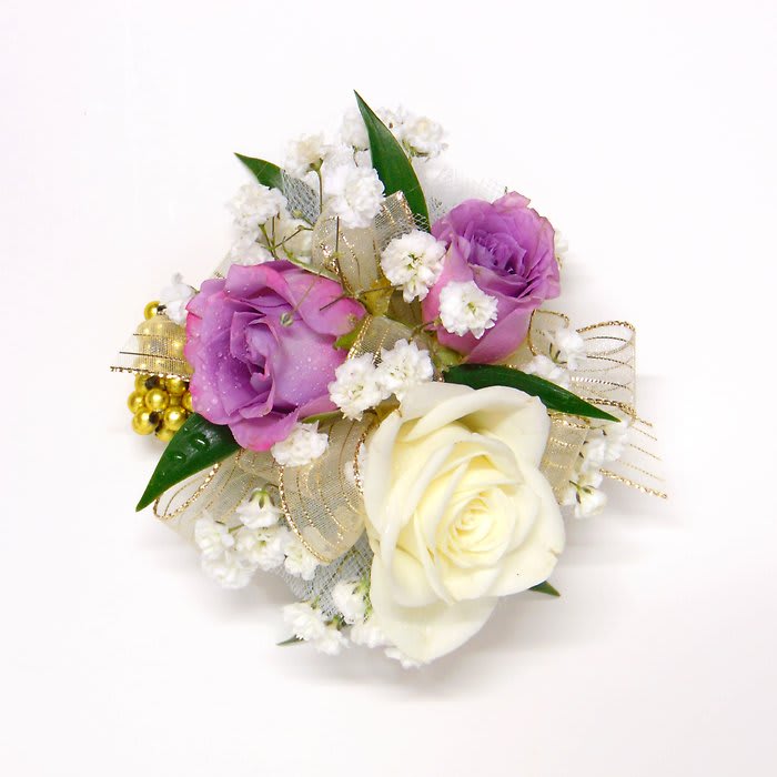 Lavender & White Rose Wrist Corsage-Gold Accents