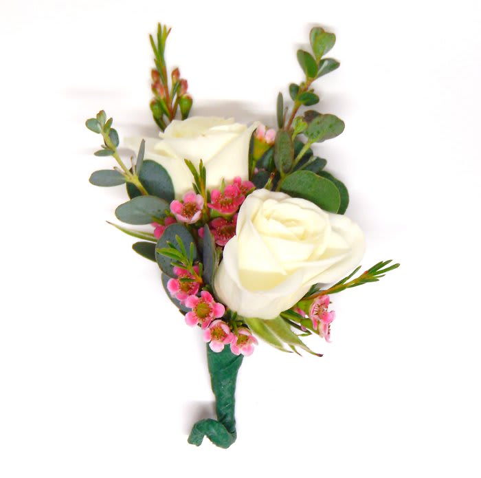 Double White Spray Rose & Purple Boutonniere
