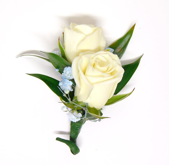 Double White Spray Rose & Light Blue Boutonniere Flower Bouquet