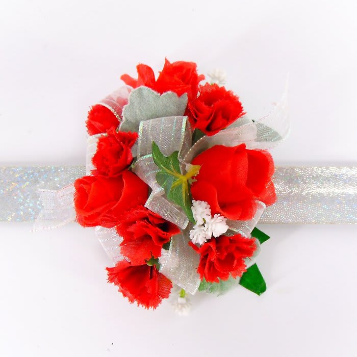 Silver Slap Wrislet Corsage-Red Sweetheart Roses & Carnations- Flower Bouquet