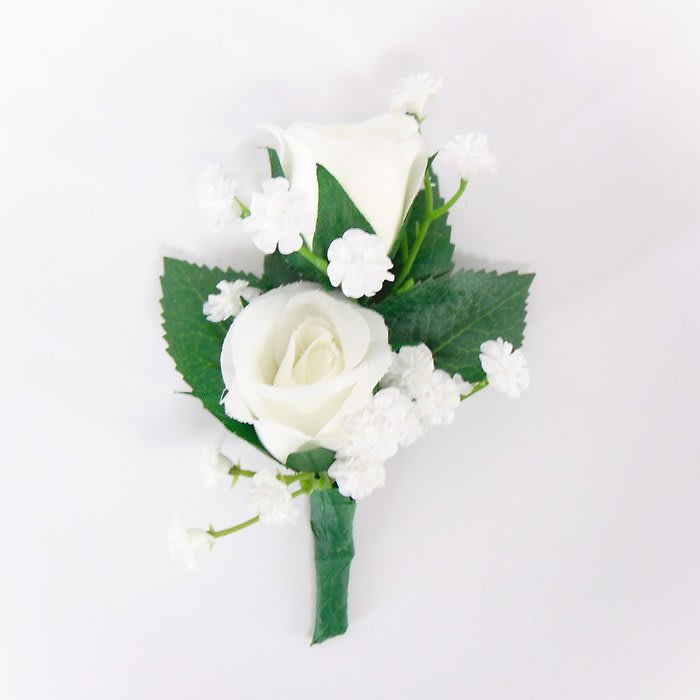 Boutonniere-2 White Sweetheart Roses-BB-Rose Leaves