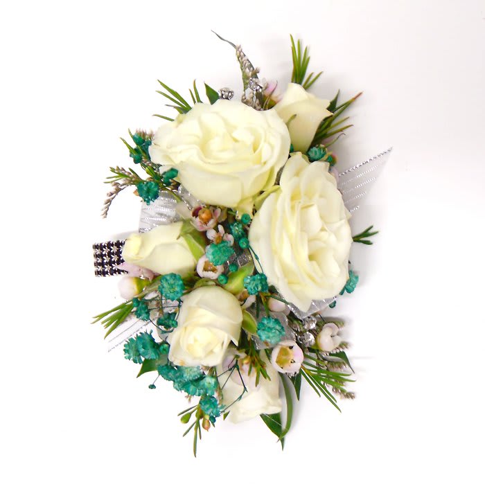 Five White Rose Wrist Corsage-Emerald/Black Accents Flower Bouquet