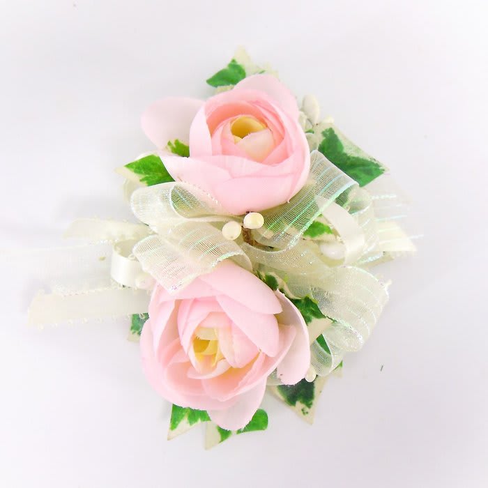 Wrist Corsage-Pink Ranunculus-Ivory Iridescent Ribbon-Ivy-Berrys