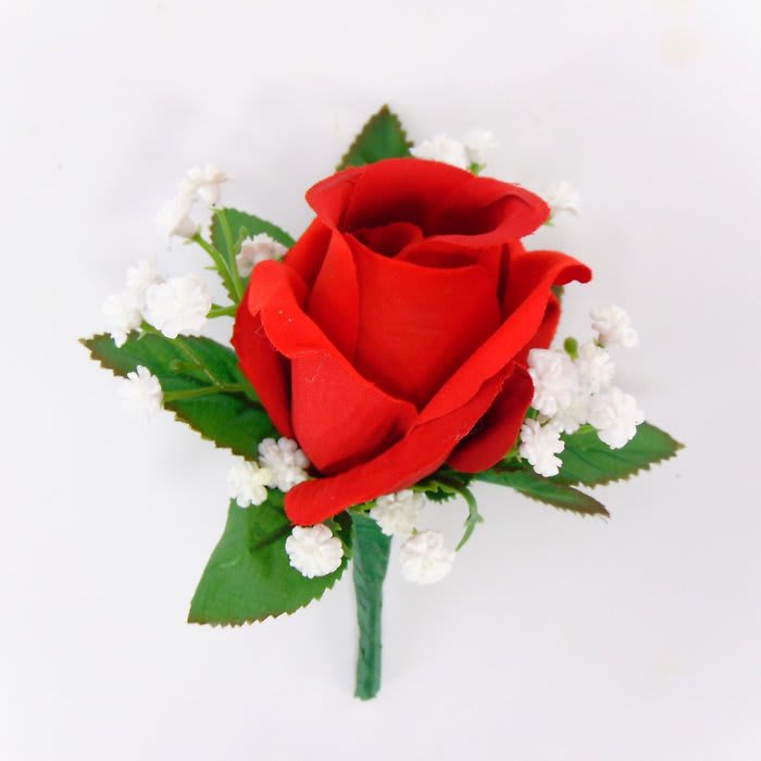 Boutonniere-Red Rose-BB-Rose Leaves