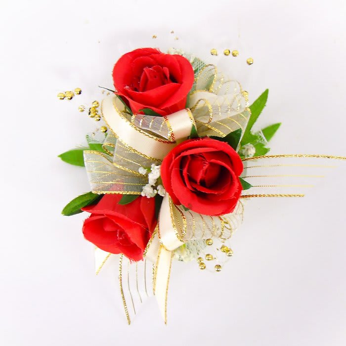 Wrist Corsage-Red Sweetheart Roses-Gold Ribbon & Accents