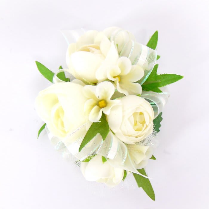 Wrist Corsage-White Mini Ranunculus & Violets, Iridescent Ribbon
