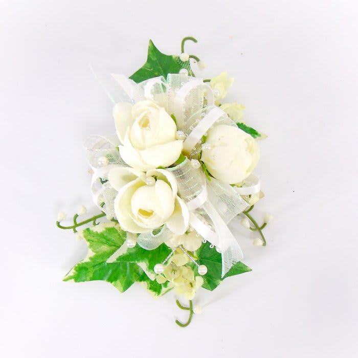 Wrist Corsage-Creme Ranunculus & Lily of the Valley-Pearl Bling Flower Bouquet