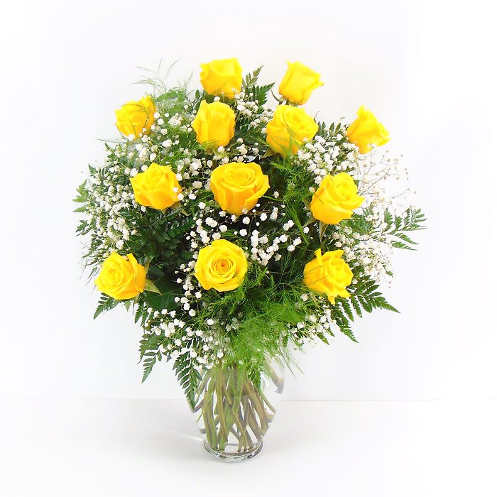 Golden Glow-1 Dozen Yellow Roses Arranged-Long Stemmed Flower Bouquet