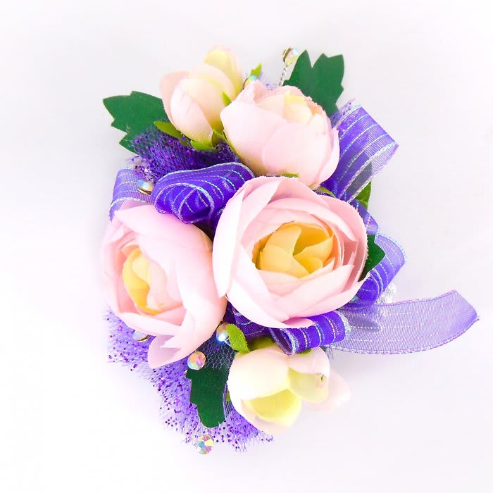 Wrist Corsage-Pink Ranunculus-Purple Iridescent Ribbon-Bling