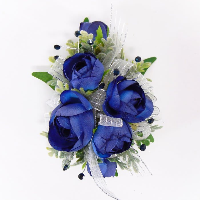 Wrist Corsage-Navy Blue Ranunculus & Bling-Silver & White Ribbon Flower Bouquet