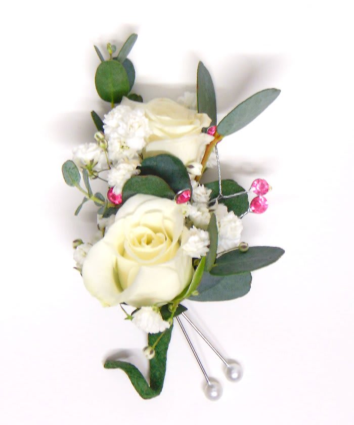 Double White Spray Rose & Hot Pink Boutonniere Flower Bouquet