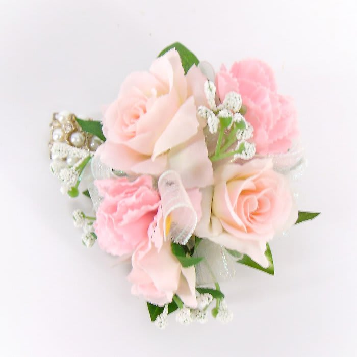 Pearl Wristlet Corsage-Blush Roses-Carnations-Iridescent Ribbon Flower Bouquet