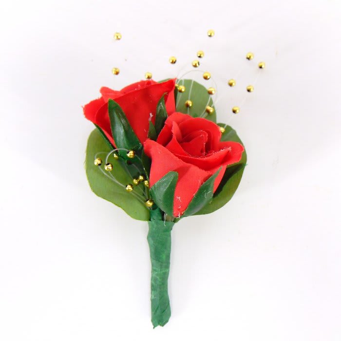 Boutonniere-Two Red Sweetheart Roses-Gold Accents Flower Bouquet