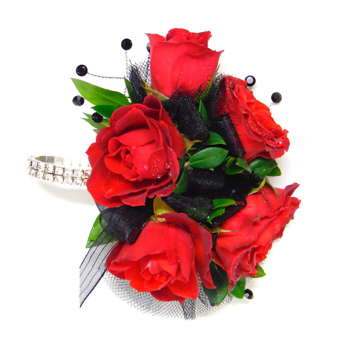 Five Red Rose & Rhinestone Wristlet Corsage-Black Accents Flower Bouquet