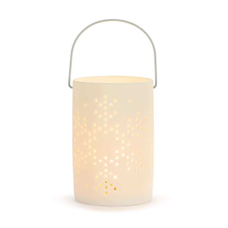 WHITE LED CERAMIC SNOWFLAKE CUTOUT LANTERN