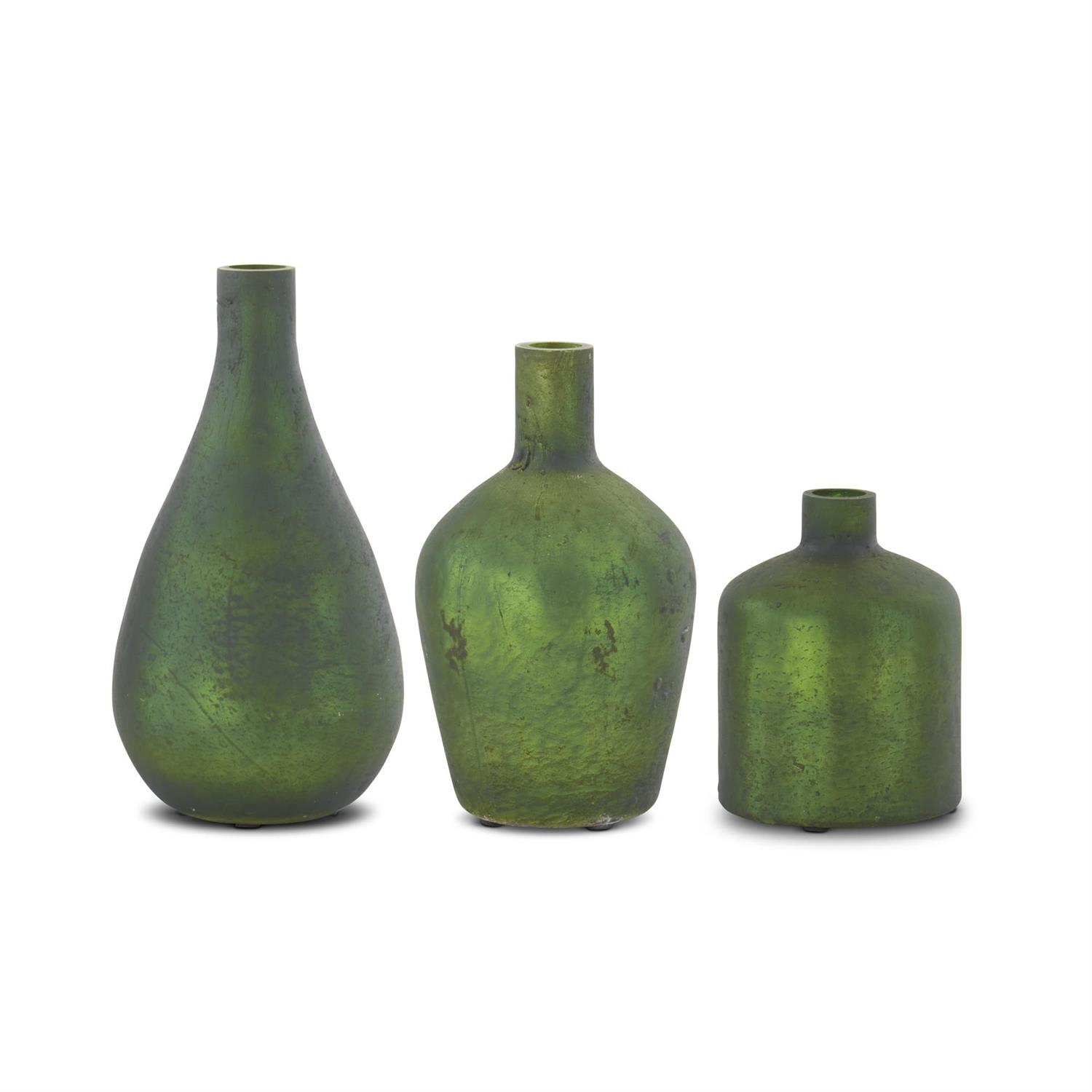 SET OF 3 ANTIQUE GREEN MATTE GLASS BOTTLE VASES