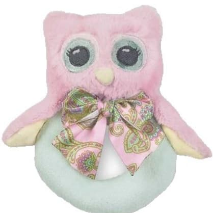 Bearington Baby Lil' Hoots Plush Stuffed Animal Pink Owl Soft Ring Rattle 5.8" Flower Bouquet