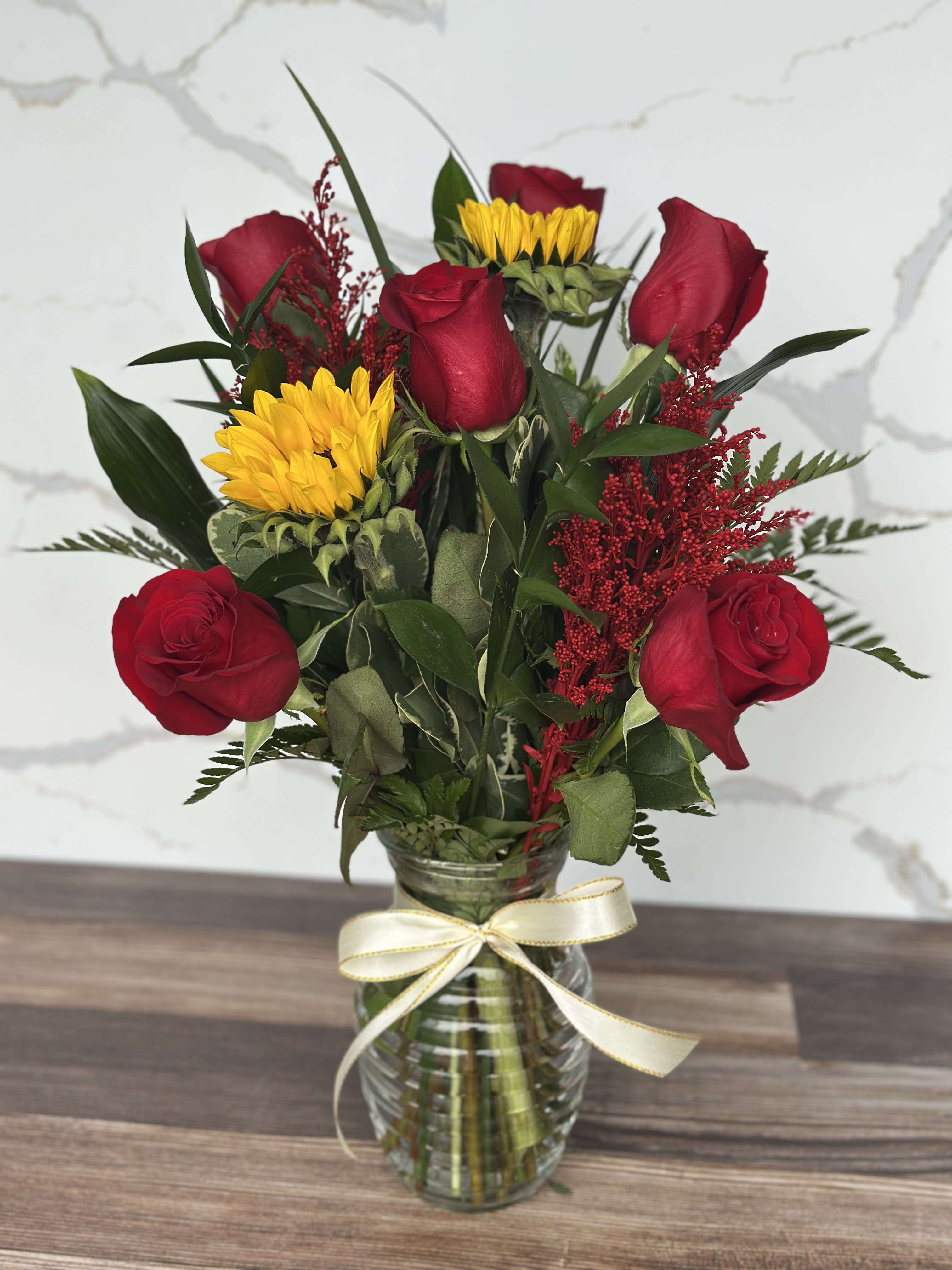 Six Roses With Sunflowers Flower Bouquet