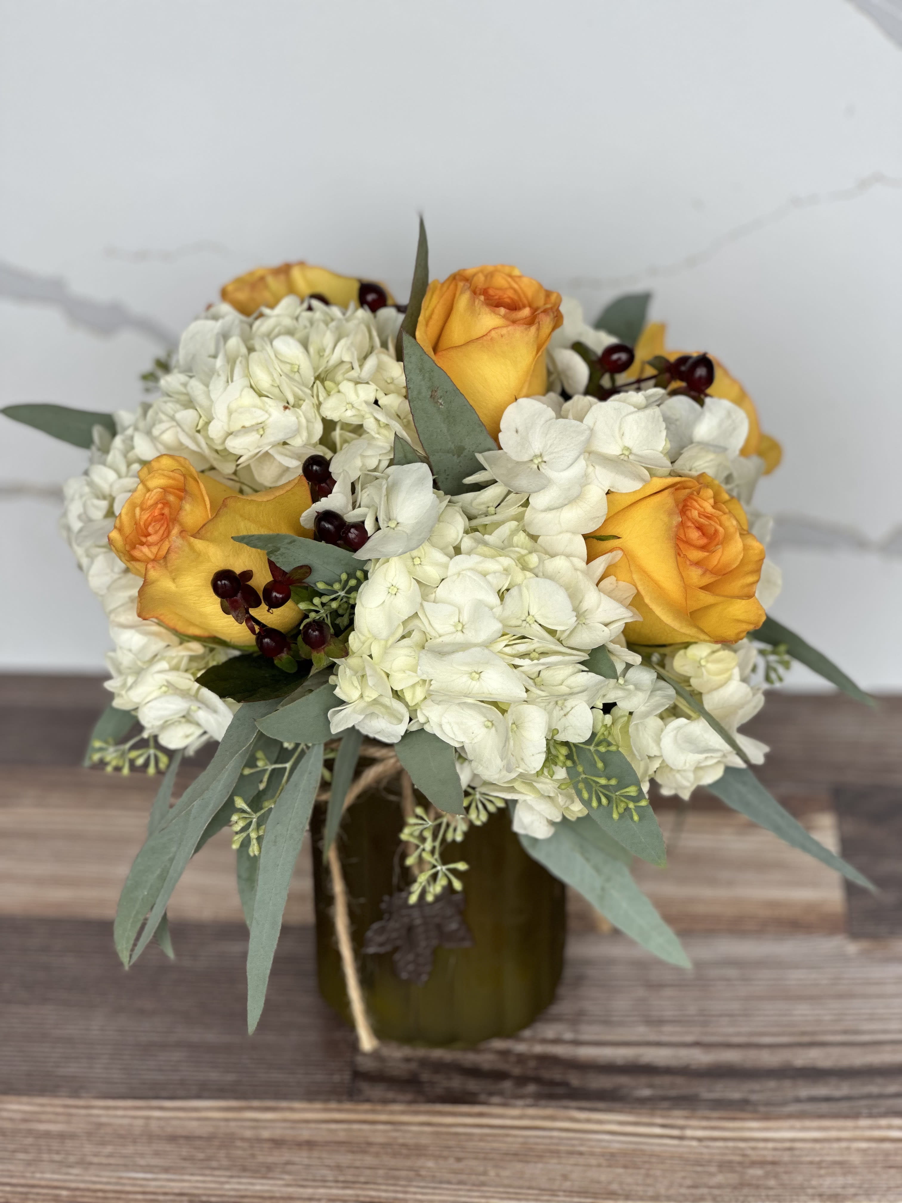 Hydrangea And Rose Mason Jar Flower Bouquet