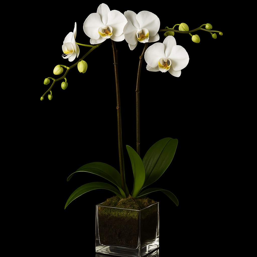 White Double Stem Orchid plant by Pistils & Petals Miami in clear glass container