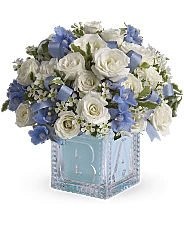 Baby’s First Block by Teleflora – Blue Flower Bouquet