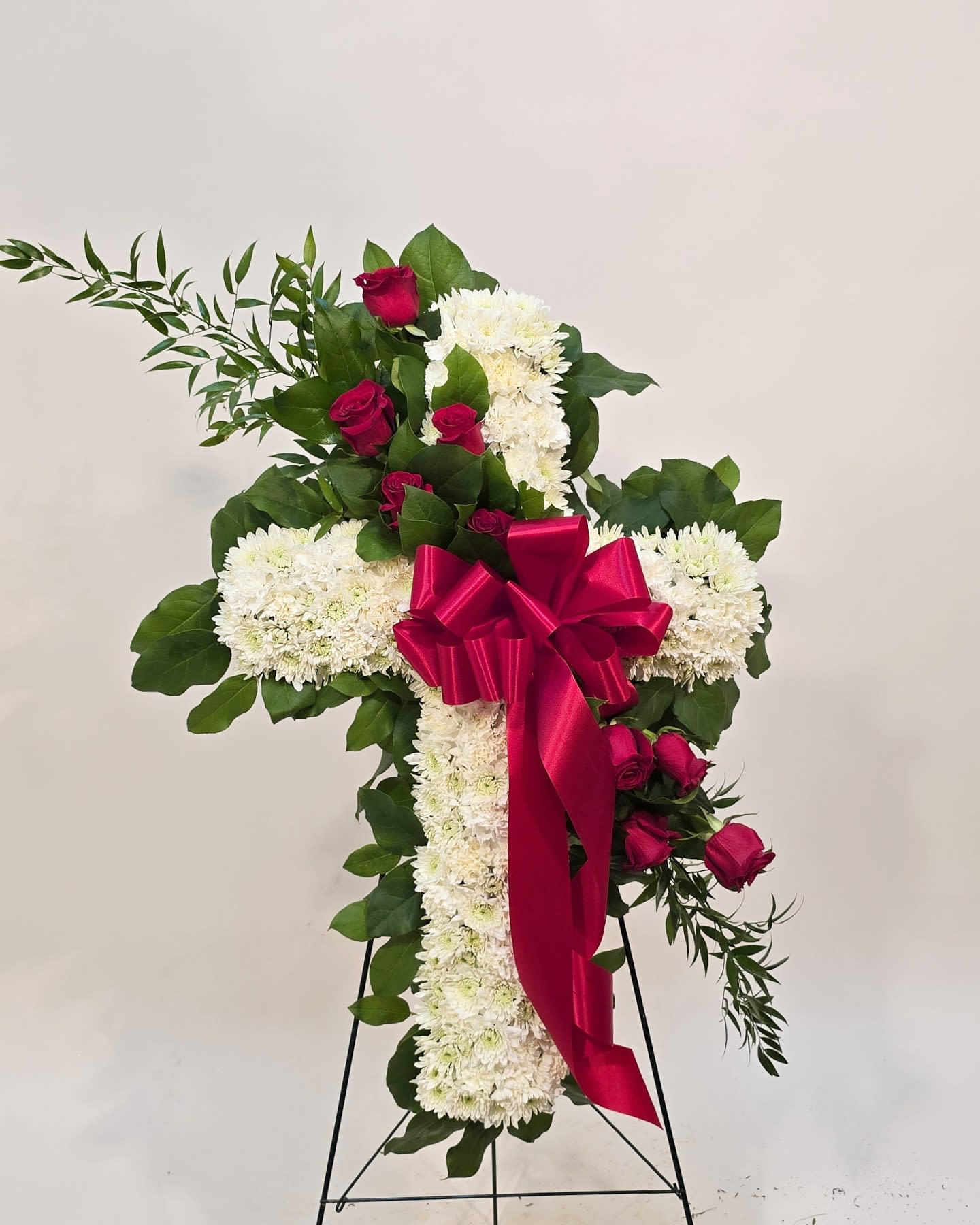 WHITE CROSS WITH RED ROSES Flower Bouquet