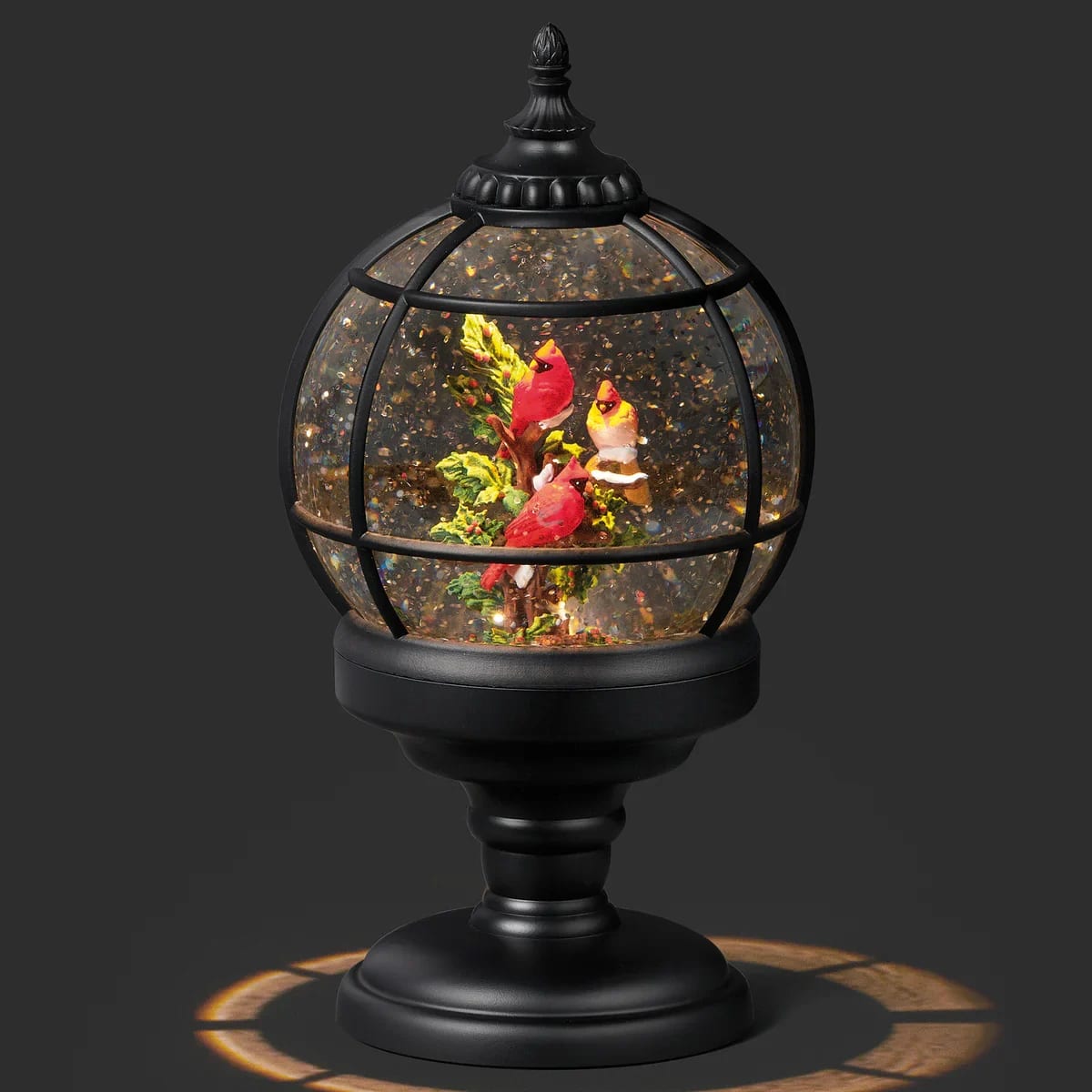 9.5''H LIGHTED SWIRL SPHERE W/ CONFETTI 3 CARDINALS ON BRANCH