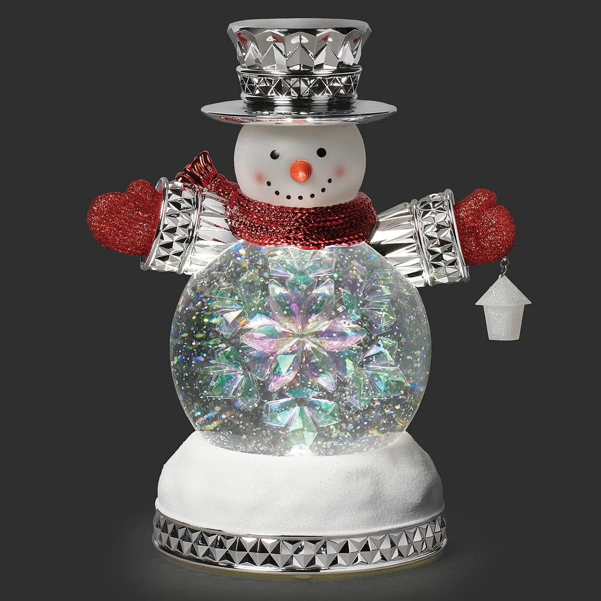 10''H LIGHTED SWIRL FACETED SNOWMAN W/ RED GLITTER SCARF & MITTENS