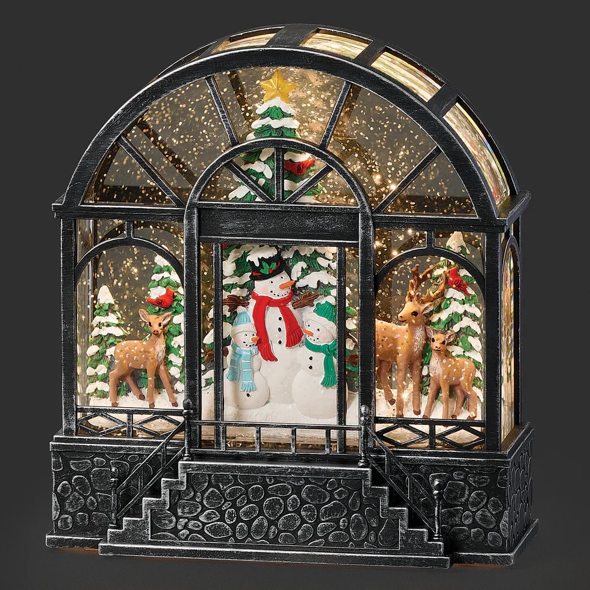 8.5''H LIGHTED SWIRL GREENHOUSE WITH SNOWMAN FAMILY & WOODLAND ANIMALS