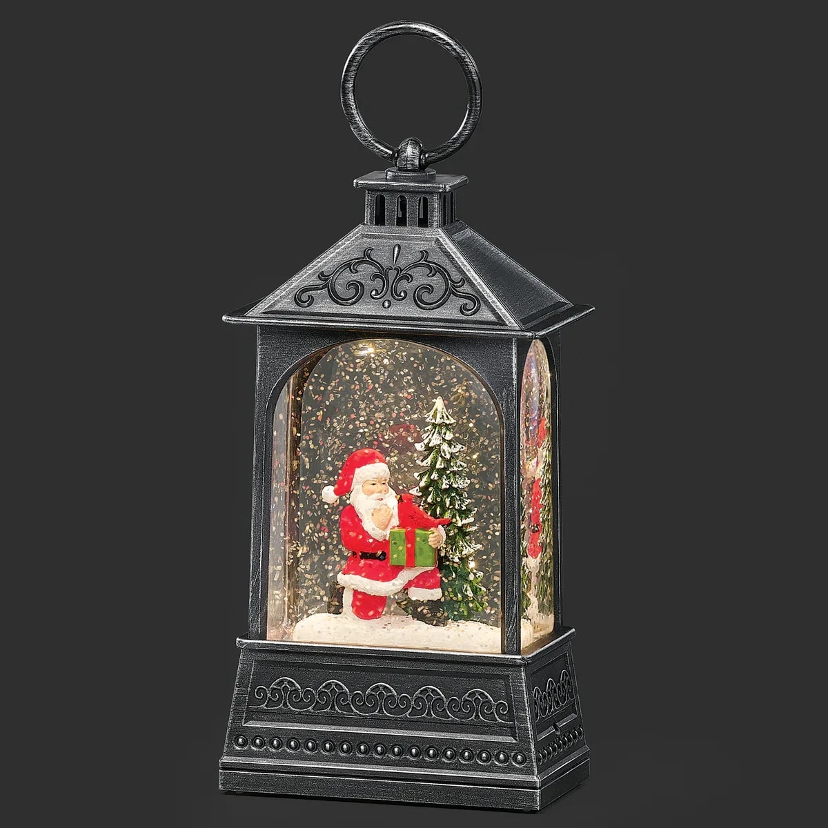 8''H LIGHTED SWIRL VINTAGE BLACK LANTERN W/ SANTA & CARDINAL CONFETTI
