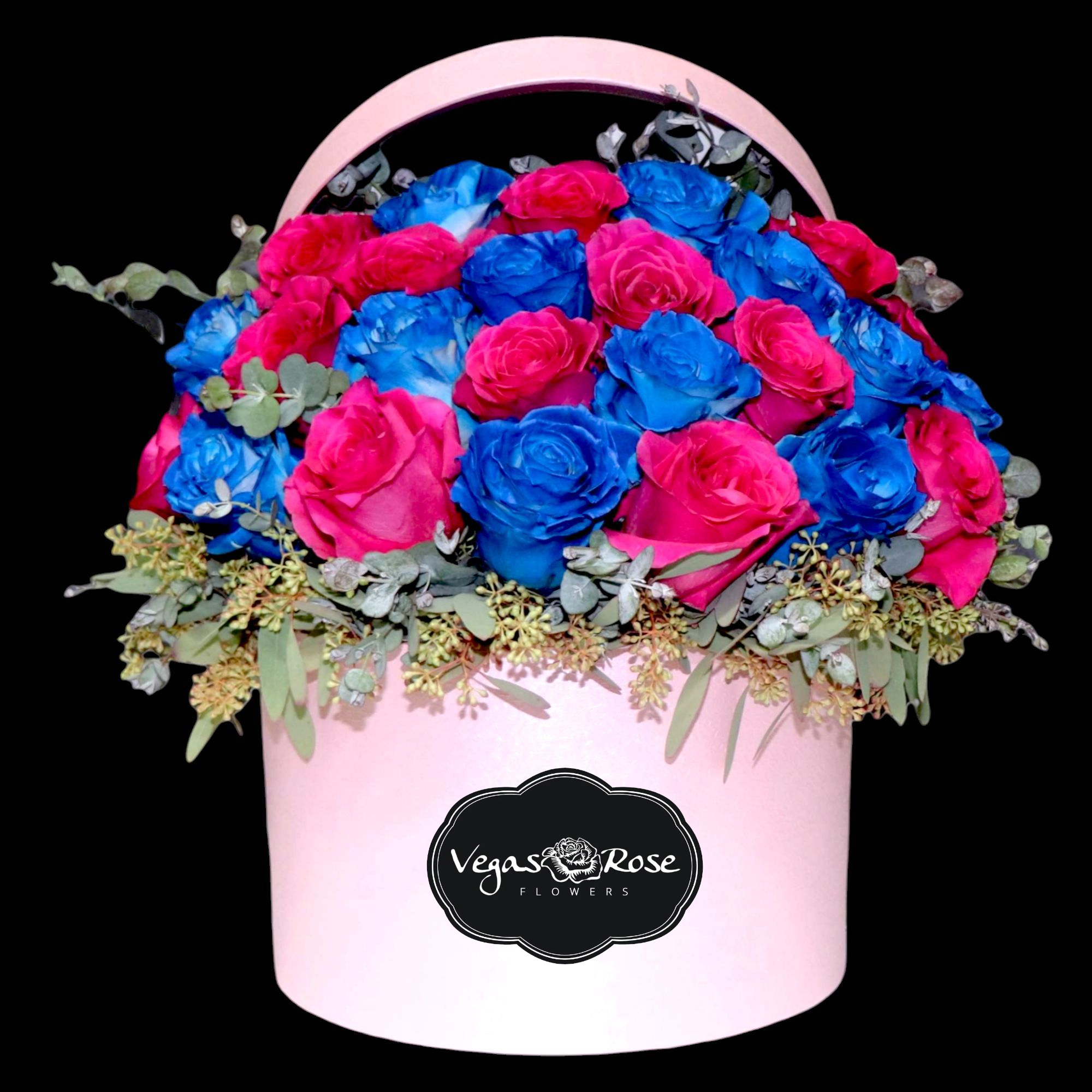 PINK &BLUE ROSES IN WIDE BOX