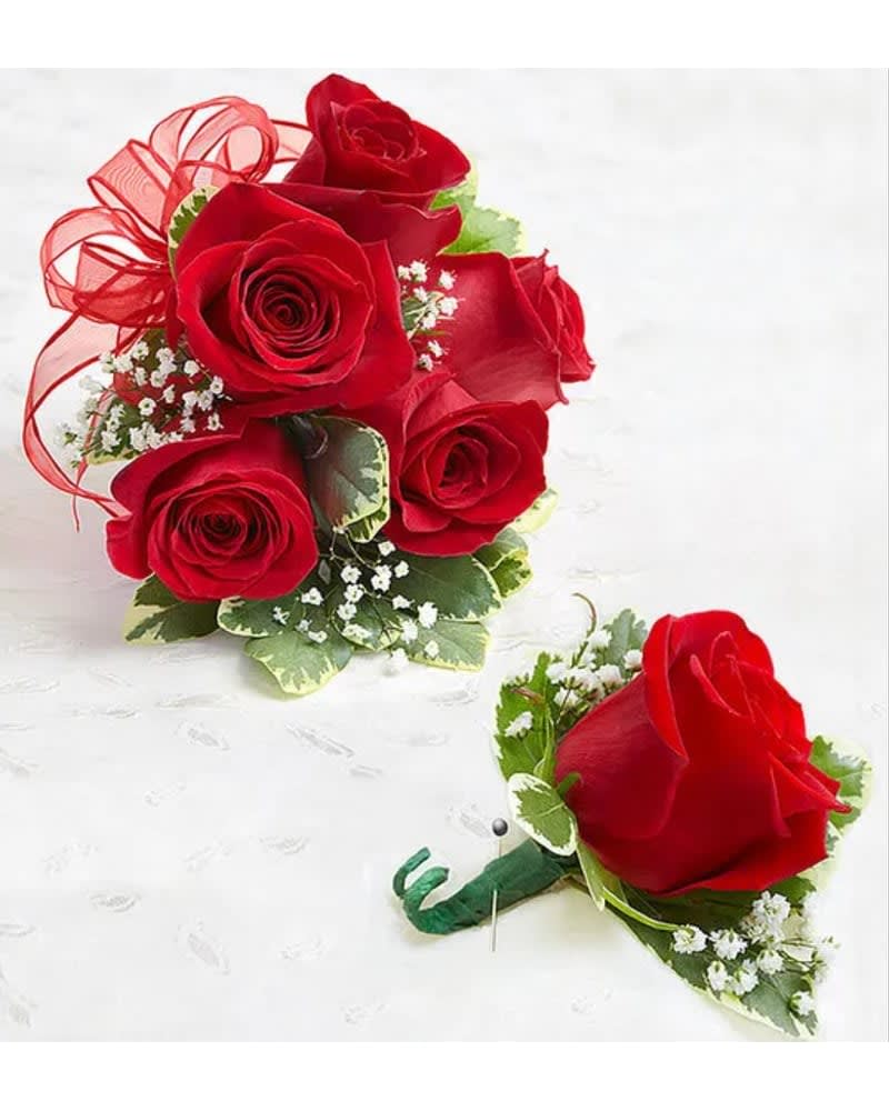 Simple Red Rose Corsage and Boutonniere Combo