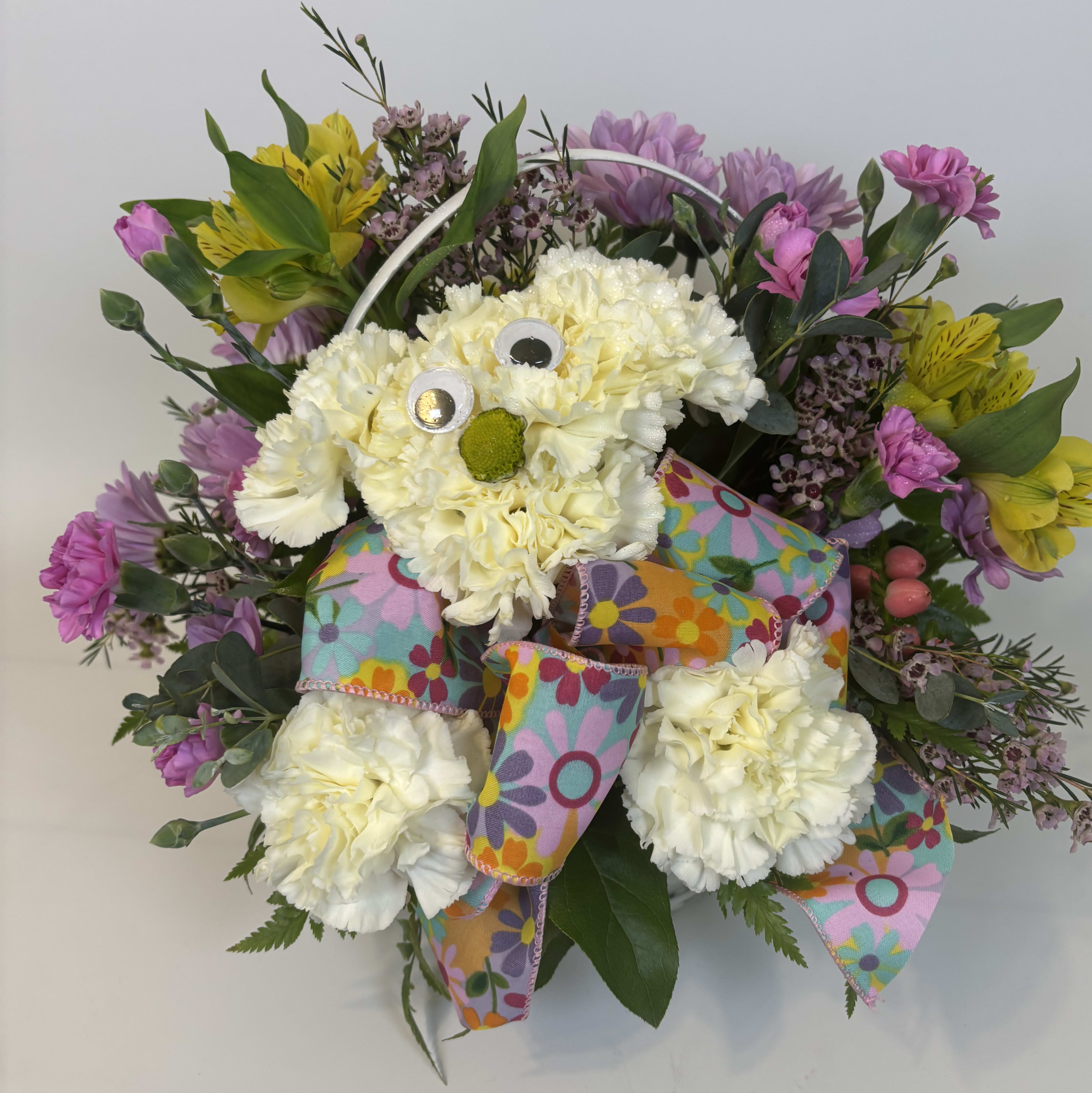 Dog In A Basket Flower Bouquet