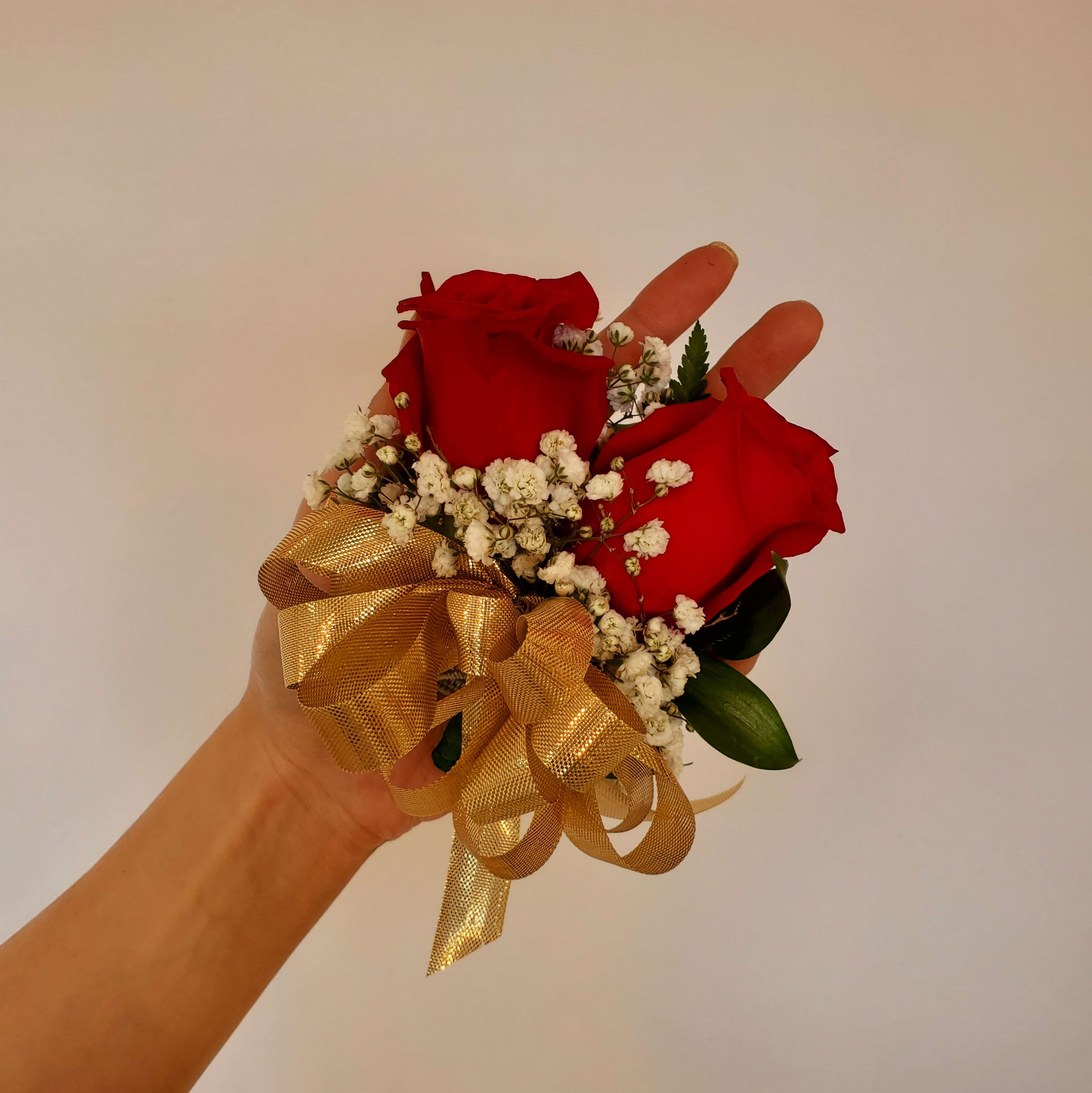 DOUBLE RED ROSE CORSAGE WITH GOLD RIBBON Flower Bouquet