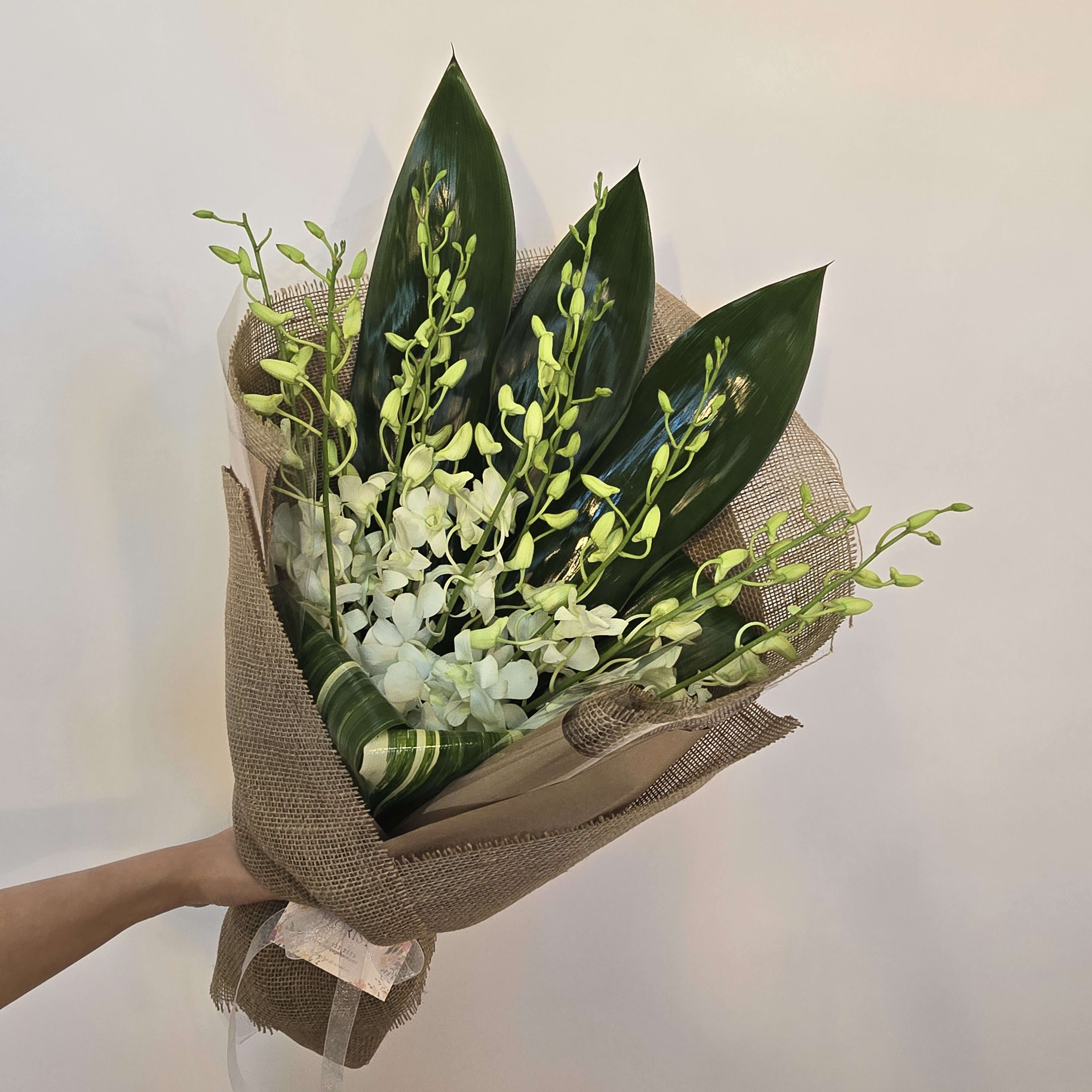 WHITE DENDROBRIUM ORCHID WRAPPED BOUQUET