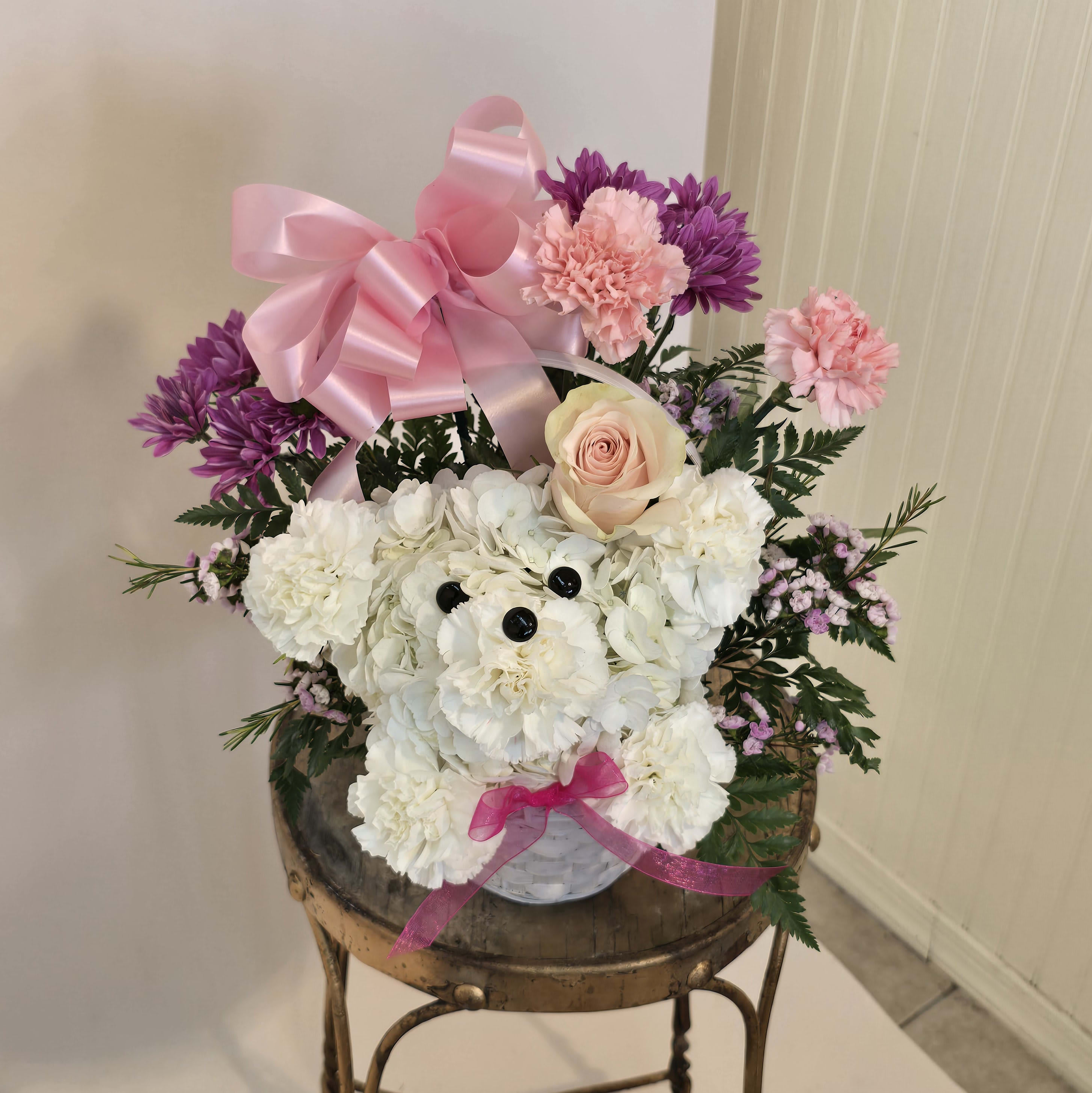 PUPPY WITH PINK & LAVENDER FLOWERS