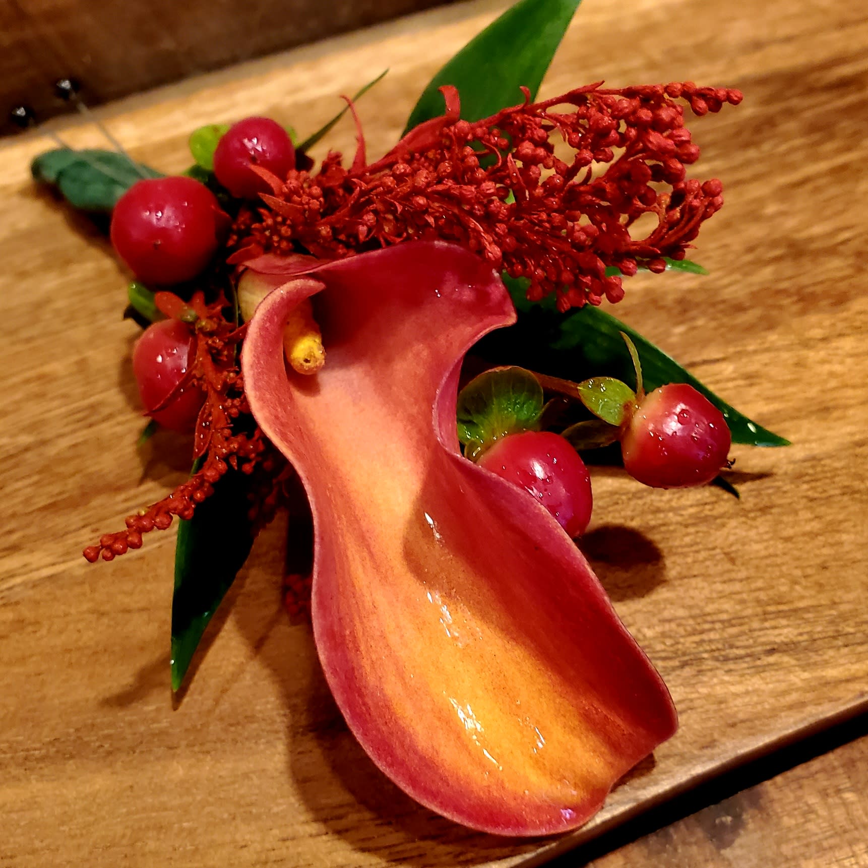 Autumn Calla and Berry Boutonniere Flower Bouquet