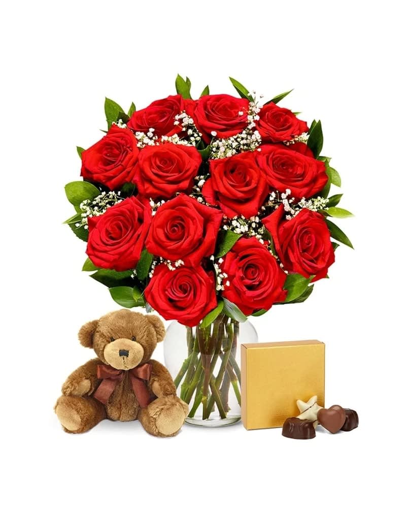 Dozen Roses, Teddy Bear and Chocolates