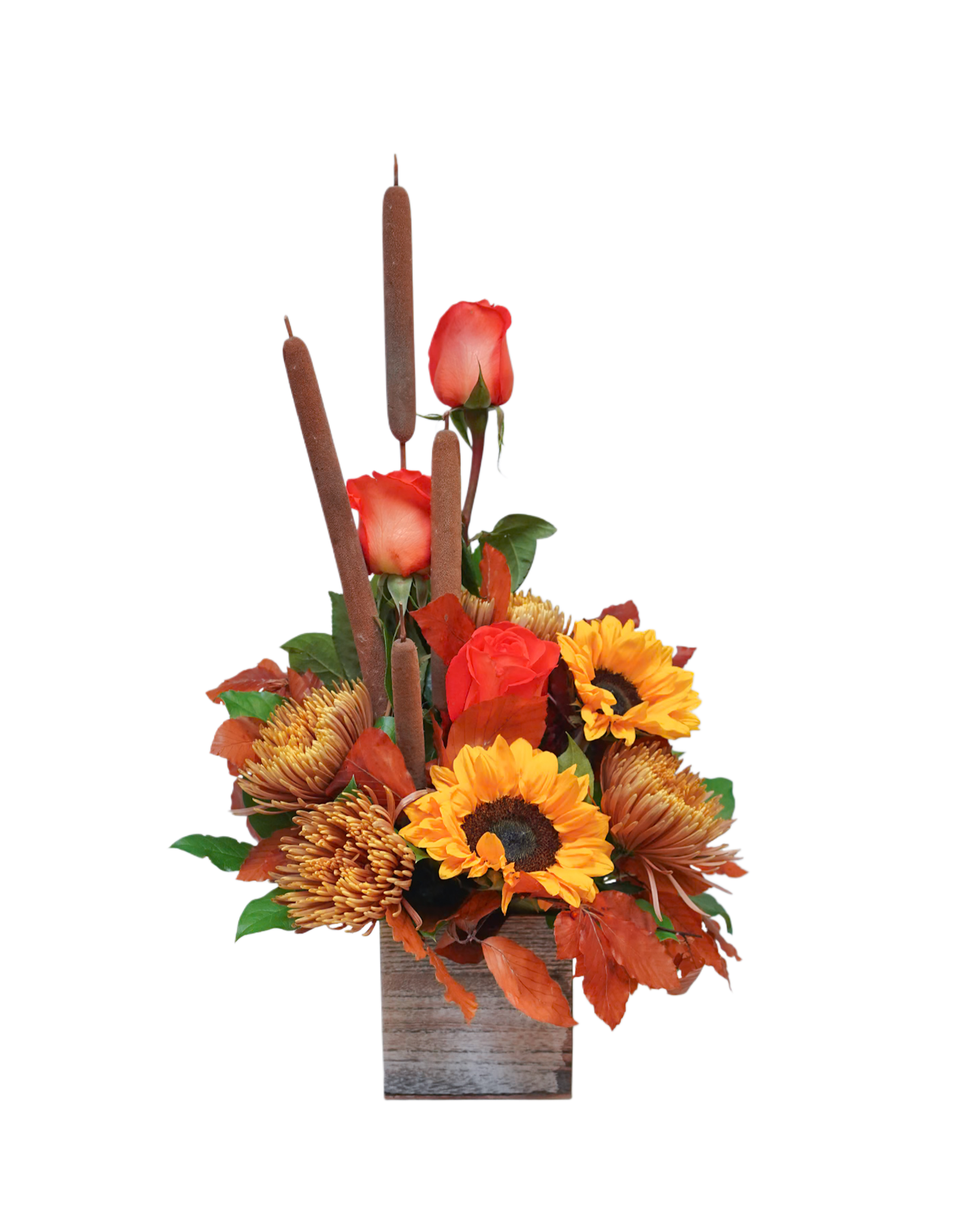 FL-16 Arreglo de girasoles, rosas, spiders y cat tail