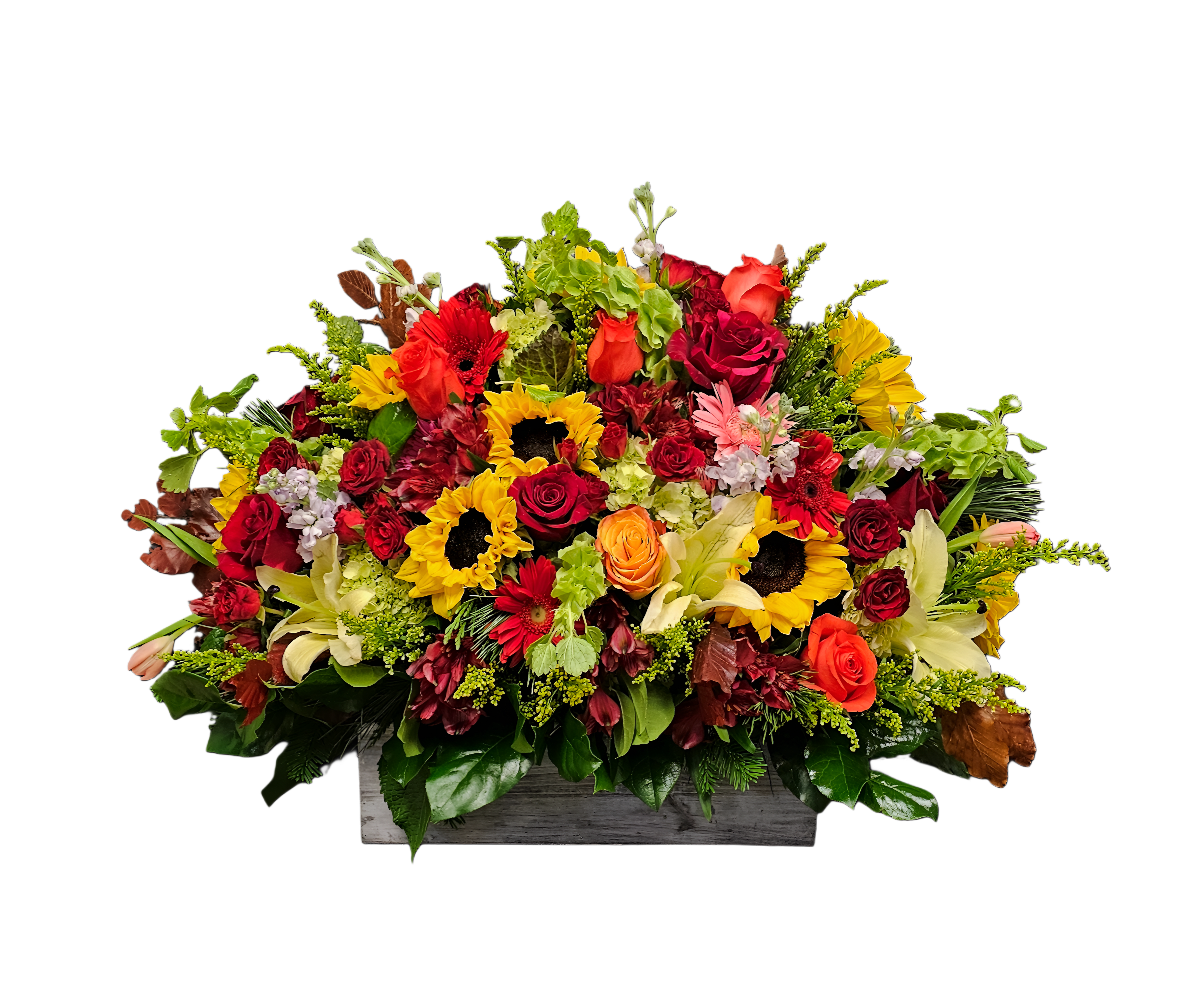 FL-30 Arreglo de girasoles, tulipanes, rosas, lirios, gerberas, alstroemerias y stocks