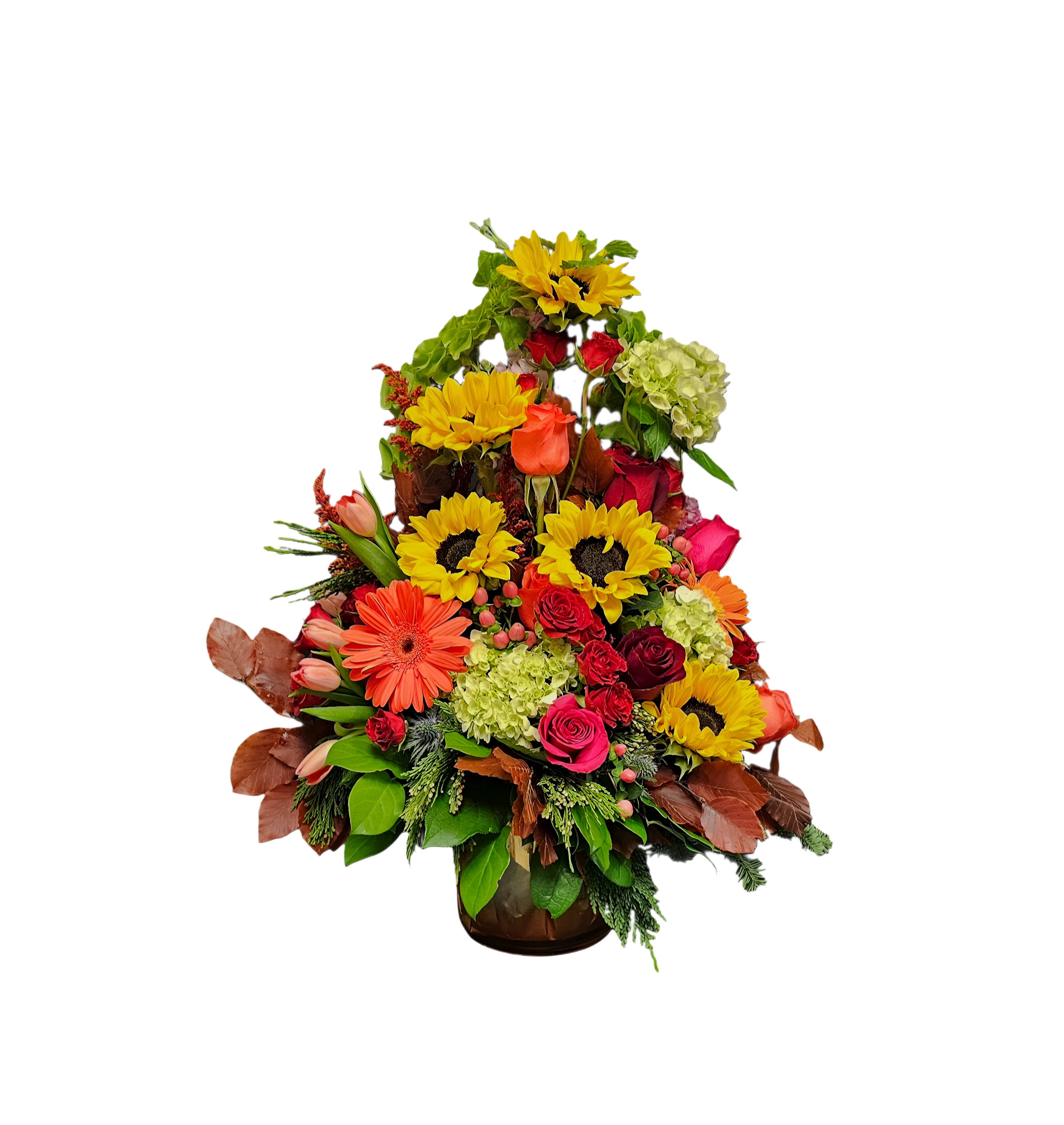 FL-19 Arreglo de girasoles, gerberas, hortensias, rosas y tulipanes