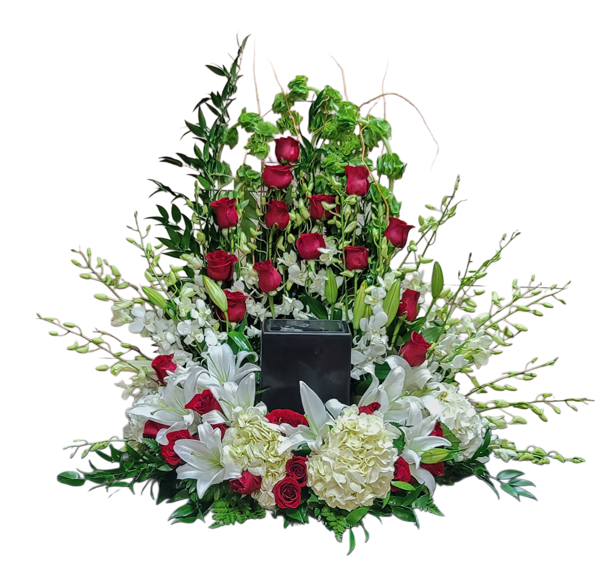 AU-9 Arreglo para urna de hortensias, rosas, lirios y orquí­deas Flower Bouquet