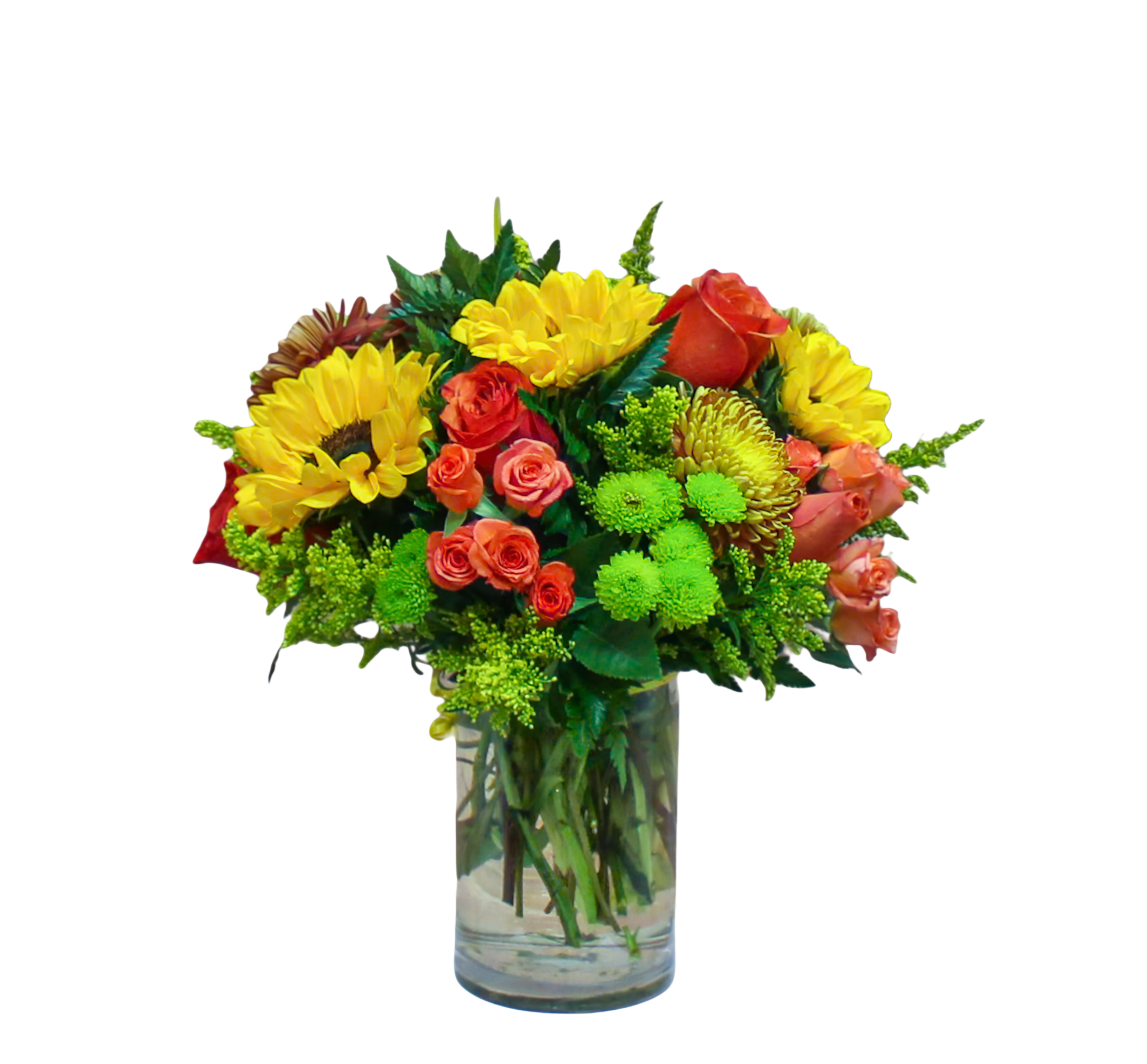 GT-9 Arreglo rosas, spray roses, girasoles, pinoccios, solidago y spiders Flower Bouquet