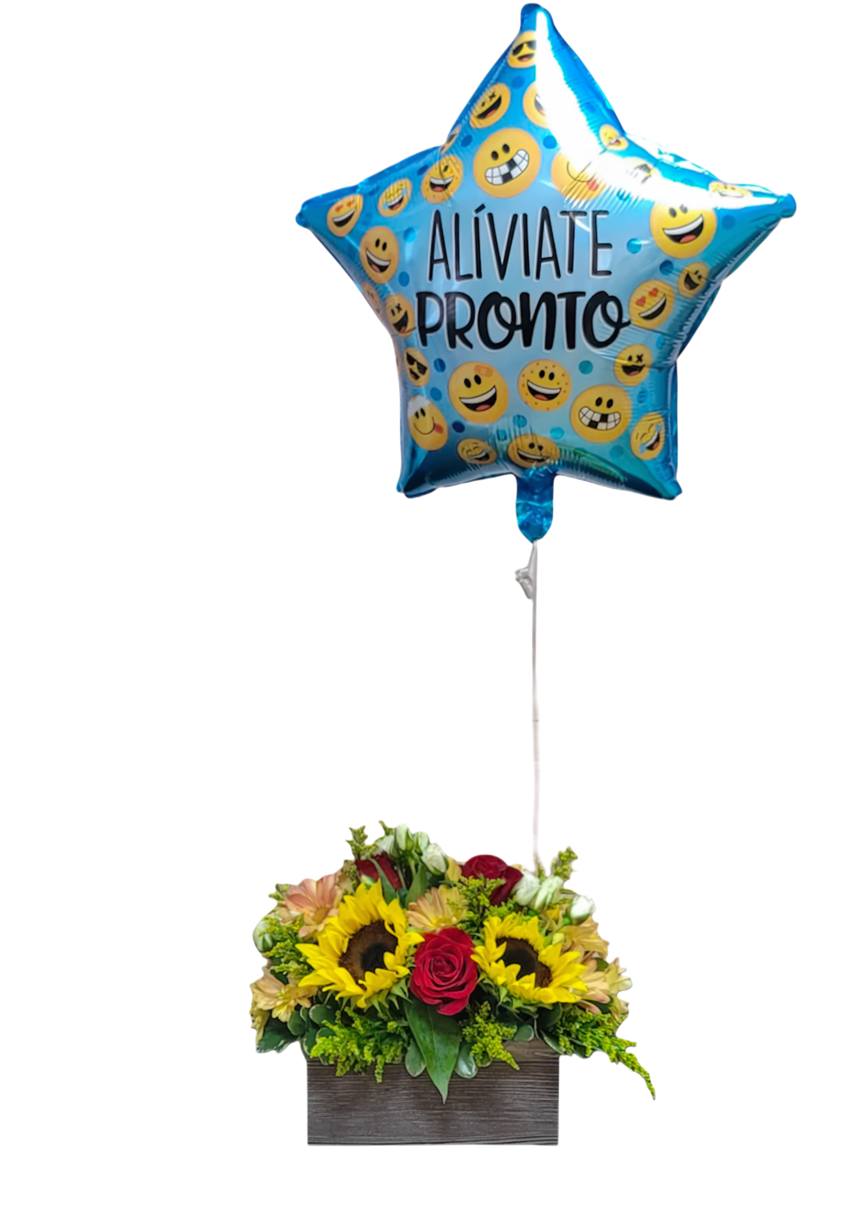GT-2 Arreglo de girasoles, rosas, alstroemerias, spray roses y solidago con globo