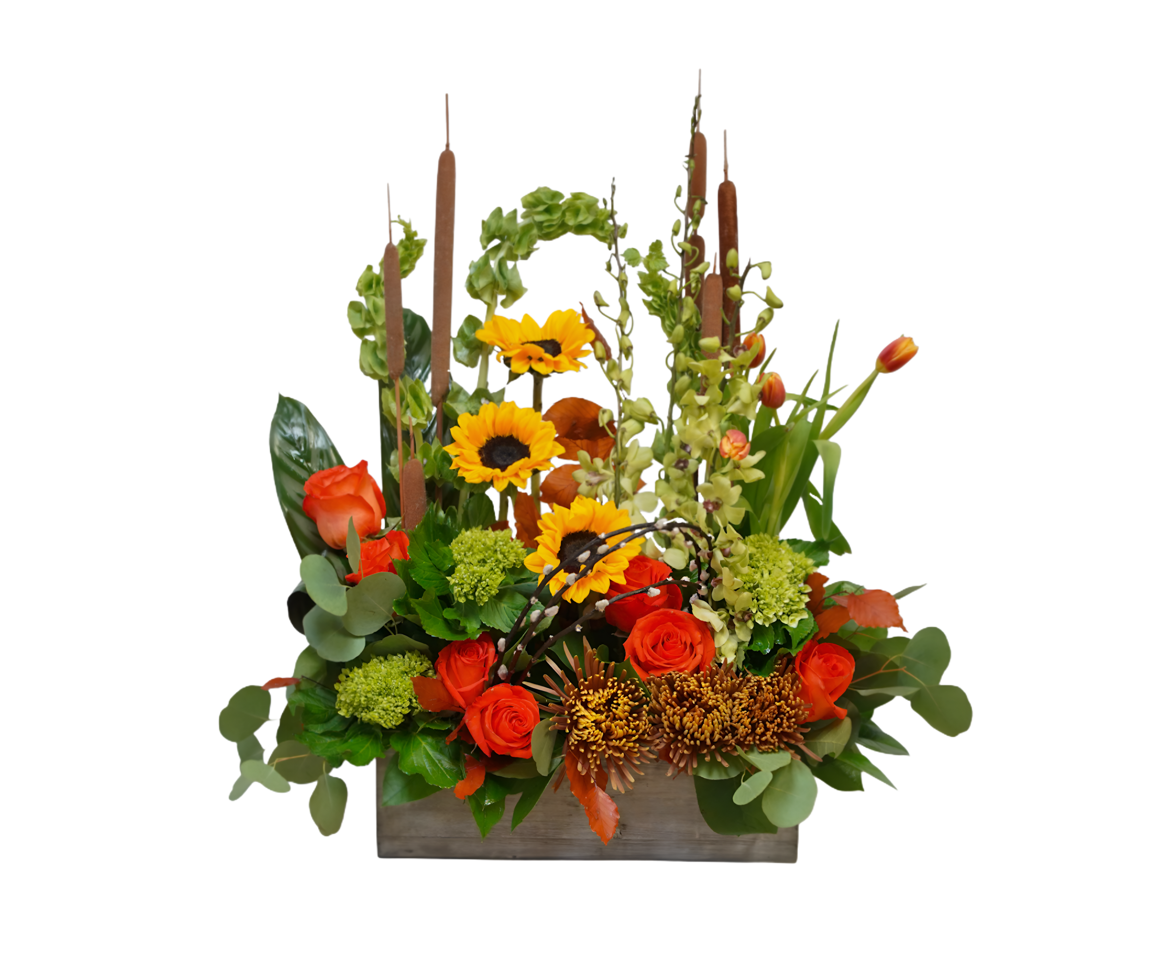 FL-21 Arreglo de girasoles, rosas, tulipanes, hortensias, orquideas, cat tail y spiders