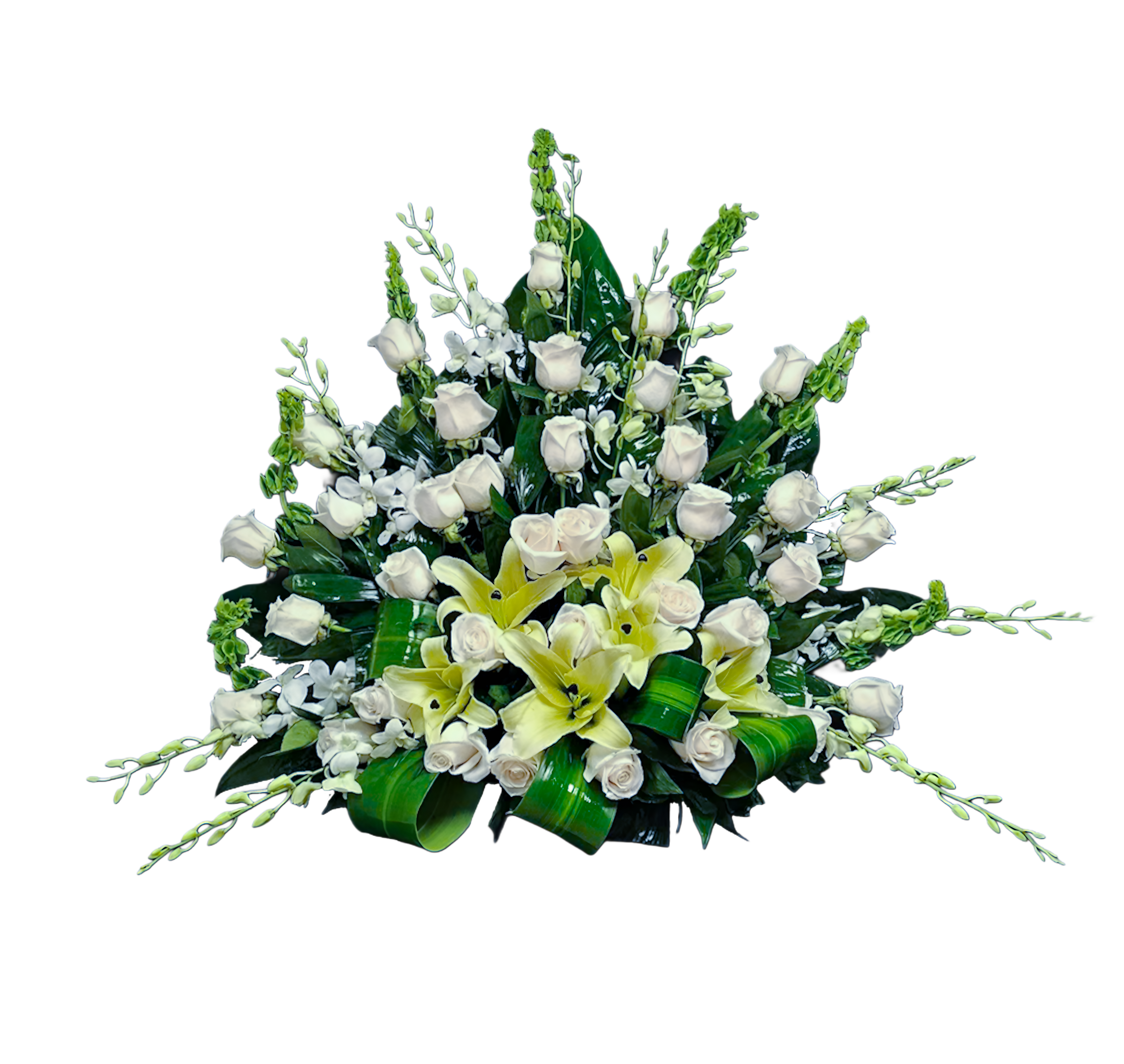 CF-13 Canasta funeral de rosas, lirios concador y orquídeas